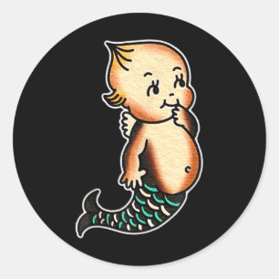 Kewpie Baby Sjöjungfru Traditional Tattoo Flash Runt Klistermärke