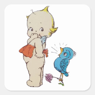 Kewpie med Bluebird Singing Stickers Fyrkantigt Klistermärke