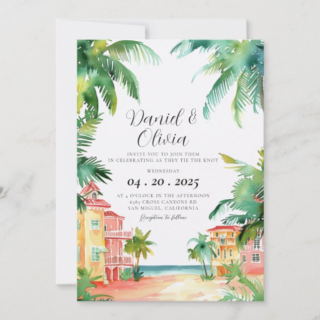 Key West FL Akvarell Bröllop Inbjudningar (Framsida)