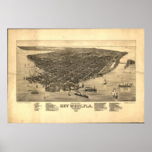 Key West Florida 1884 antika panorama- karta Poster