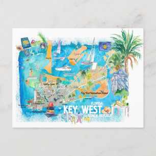 Key West Florida Illustrerad Reskarta med Vägar Vykort