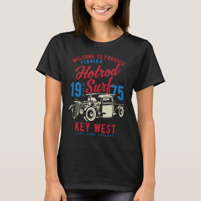 Key West Florida Retro Hotrod Surf  3 T Shirt (Framsida)