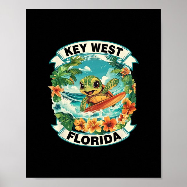 Key West Florida Söt Havssköldpadda Surfning Somma Poster (Framsidan)