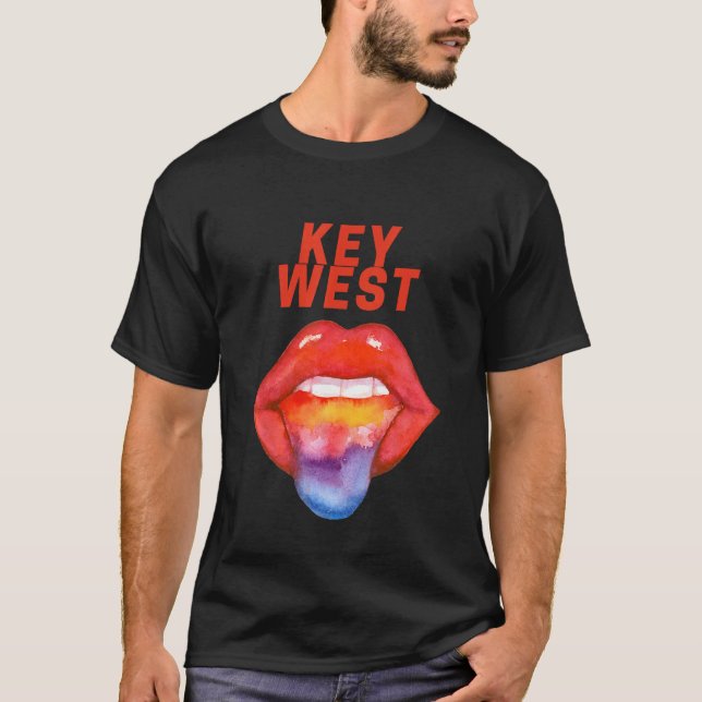 Key West LGBT Gay Pride Rainbow Tongue Florida Key T Shirt (Framsida)