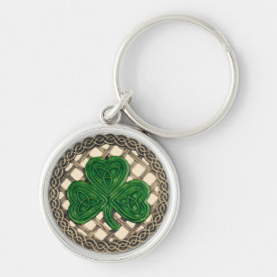 Keychain Beige, Shamrock and Celtic Knots Rund Silverfärgad Nyckelring