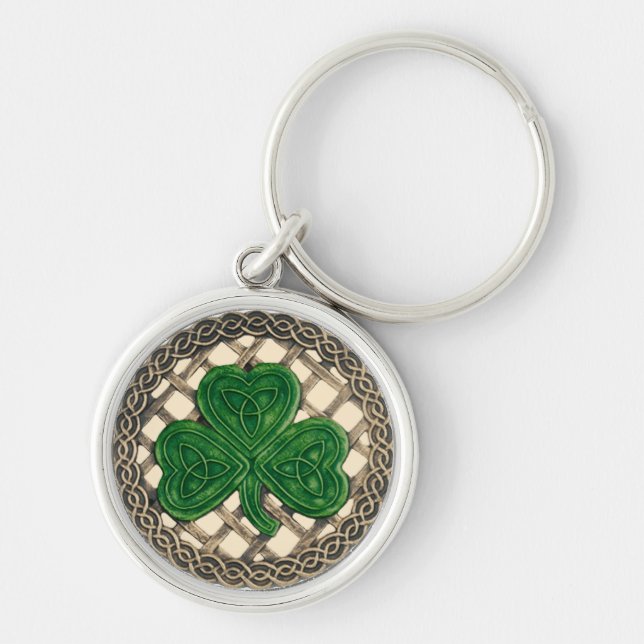 Keychain Beige, Shamrock and Celtic Knots Rund Silverfärgad Nyckelring (Framsidan)