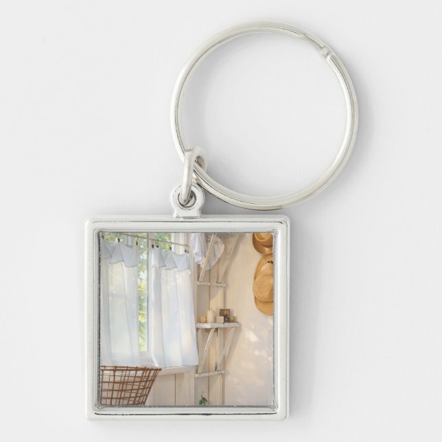 Keychain Curtain in the Wind Fyrkantig Silverfärgad Nyckelring (Framsidan)