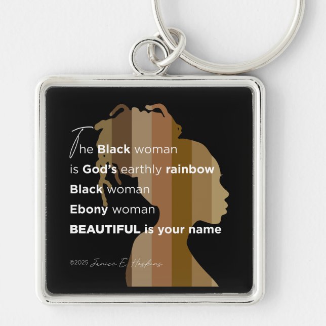 Keychain "Ebony Woman Beautiful is your name" Fyrkantig Silverfärgad Nyckelring (Framsidan)