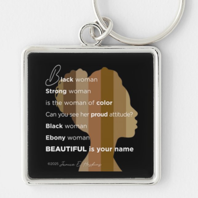Keychain "Ebony Woman Beautiful is your name" Fyrkantig Silverfärgad Nyckelring (Framsidan)