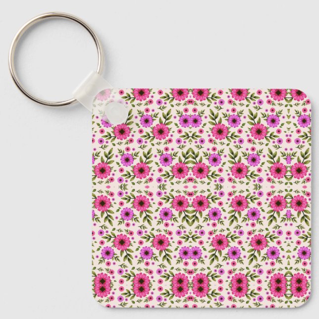 Keychain featuring a repetitive pink floral  nyckelring (Framsida)