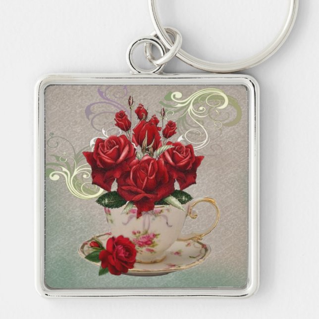 Keychain för tekopp 3 fyrkantig silverfärgad nyckelring (Framsidan)