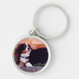 Keychain för valp för Bernese berghund Rund Silverfärgad Nyckelring