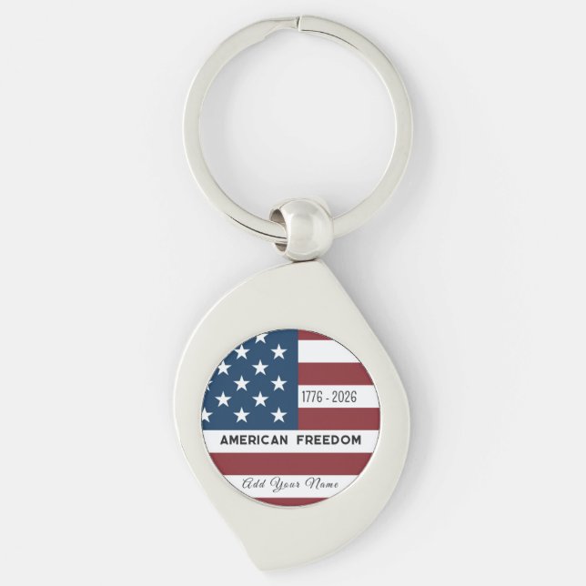 Keychain Patriotic US Flag Custom Text Name Swirl Silverfärgad Nyckelring (Framsidan)