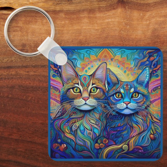 KEYCHAIN - Retro Psychedelic Cats Nyckelring (Framsida)