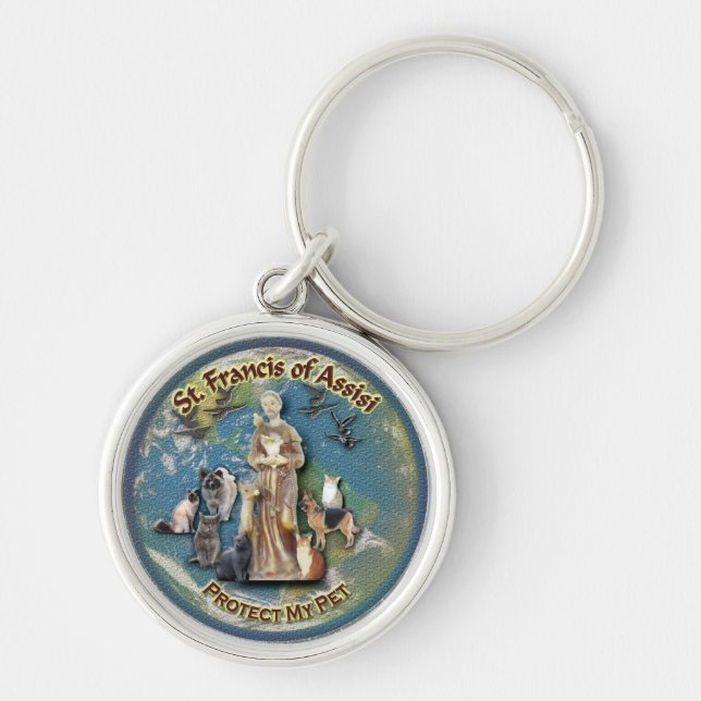 Keychain - Sanktt Francis av Assisi skyddar mitt Rund Silverfärgad Nyckelring (Framsidan)