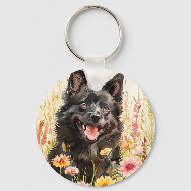 Keychain – Schipperke Watercolor Dog Charm Nyckelring (Framsida)