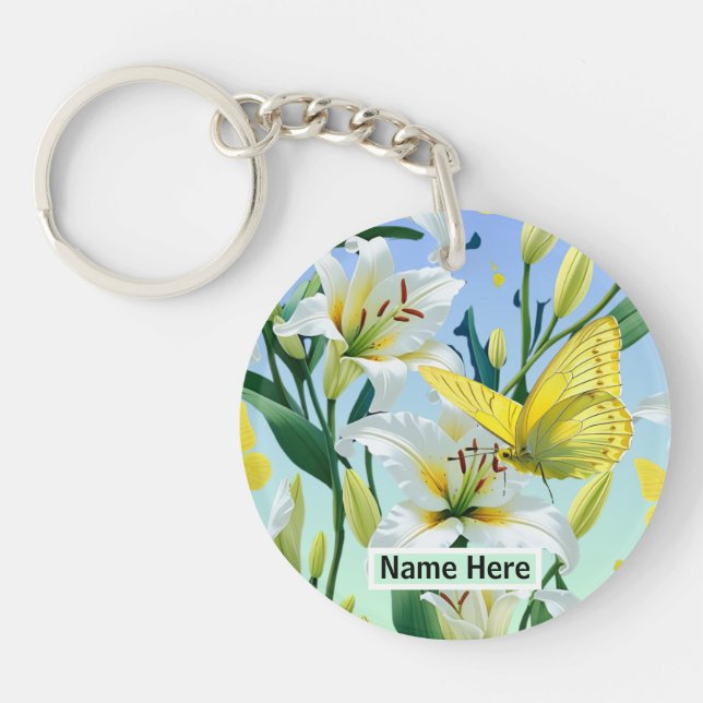 Keychain White Lily Gult Butterfly (Framsidan)