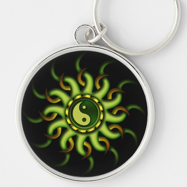 Keychain Yin Yang sol, guldgrönt Rund Silverfärgad Nyckelring (Framsidan)