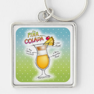 KEYCHAINER - PINA COLADA RECIPE COCKTAIL ART FYRKANTIG SILVERFÄRGAD NYCKELRING