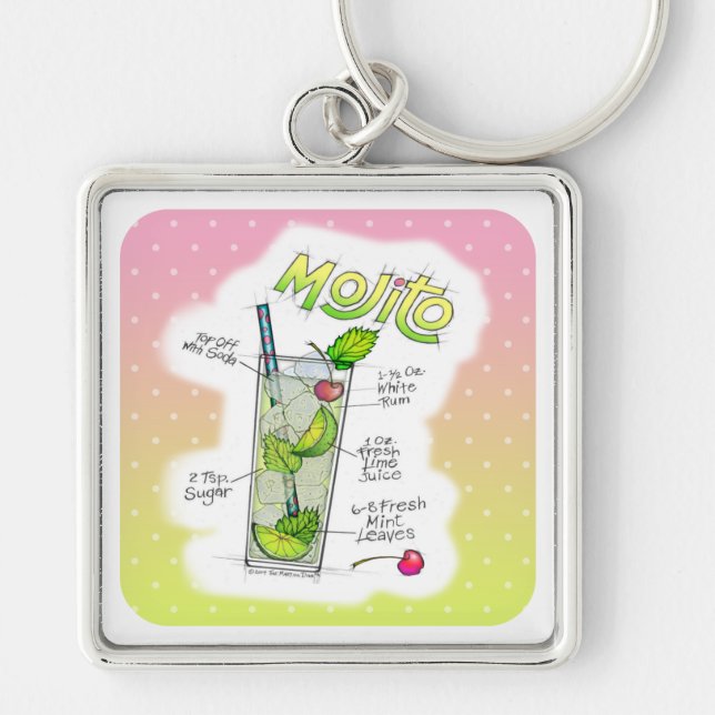 KEYCHAINS - MOJITO RECIPE COCKTAIL ART FYRKANTIG SILVERFÄRGAD NYCKELRING (Framsidan)
