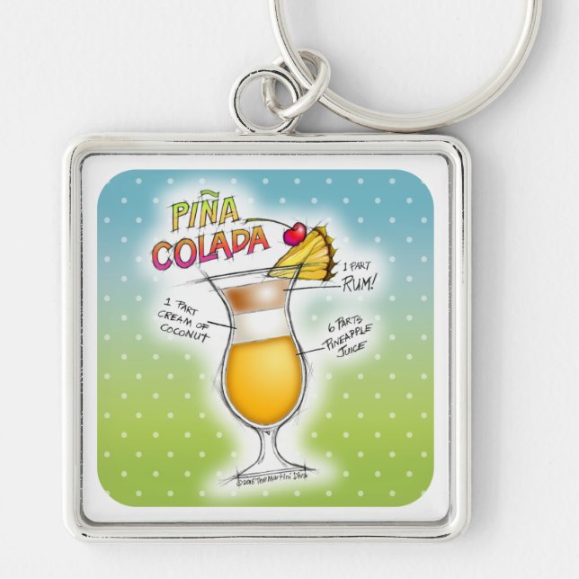 KEYCHAINS - PINA COLADA RECIPE COCKTAIL ART FYRKANTIG SILVERFÄRGAD NYCKELRING (Framsidan)