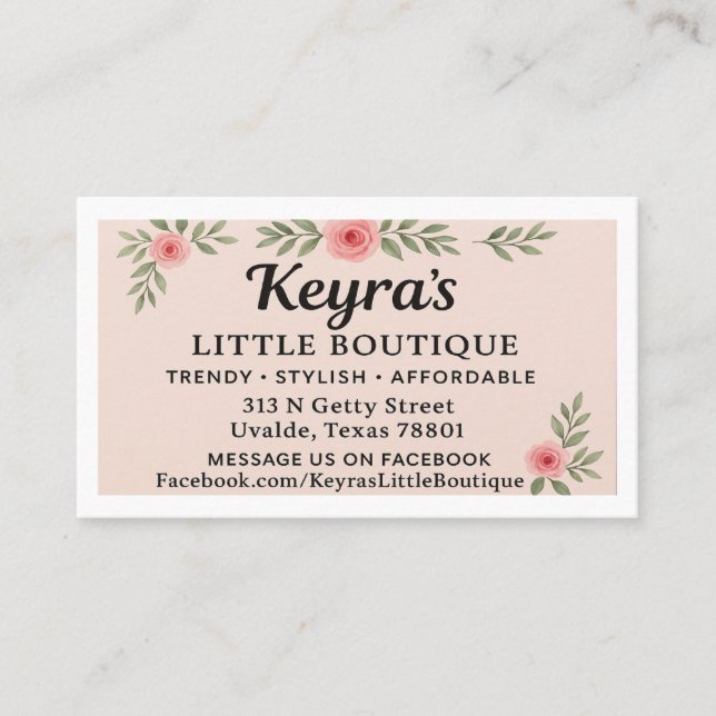 KEYRA'S LITTLE BOUTIQUE IN UVALDE VISITKORT (Framsida)