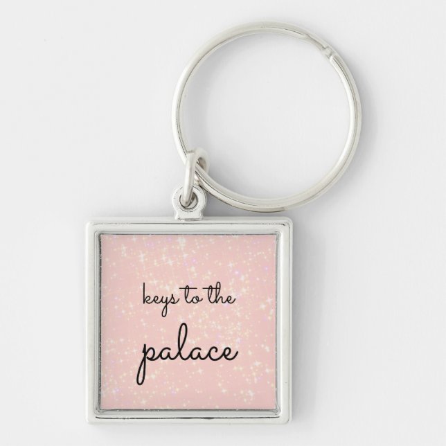 Keys to the Palace Girly Pink Keychain Fyrkantig Silverfärgad Nyckelring (Framsidan)