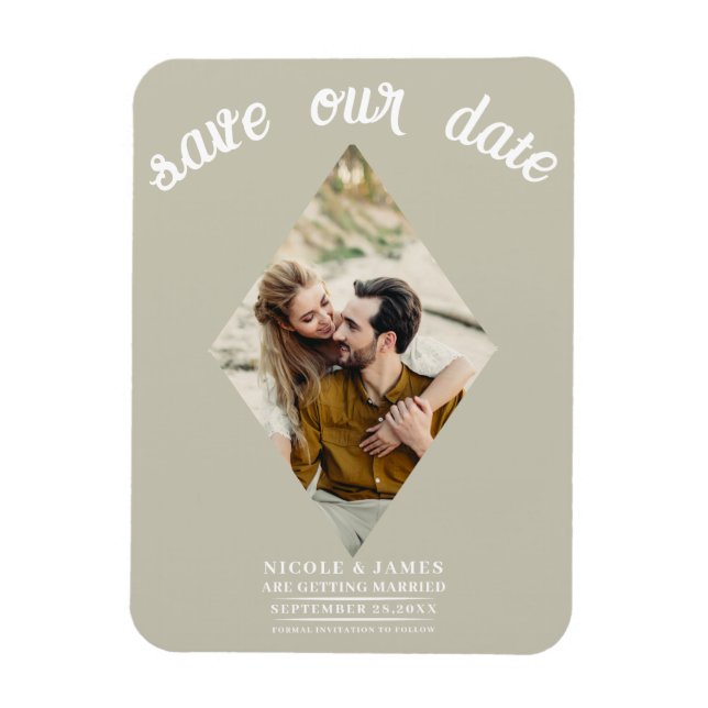 Khaki Beige Diamant Foto Bröllop Spara Datum Magnet (Vertikal)