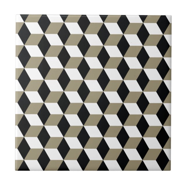 Khaki Black & White 3D Cubes Mönster Kakelplatta (Framsidan)