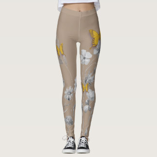 Khaki blommigt- och fjärilspapper leggings