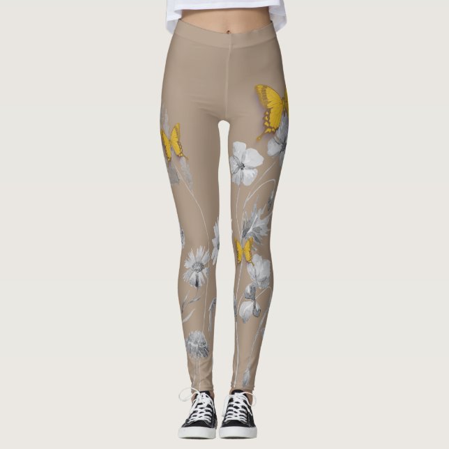 Khaki blommigt- och fjärilspapper leggings (Framsida)