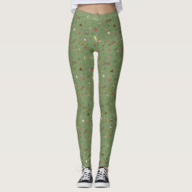 Khaki Camping Themed Outdoor Campfire Mönster Leggings (Framsida)