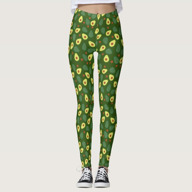 Khaki Grönt Avocado Mönster Trendig Yoga Gym Kit Leggings (Framsida)