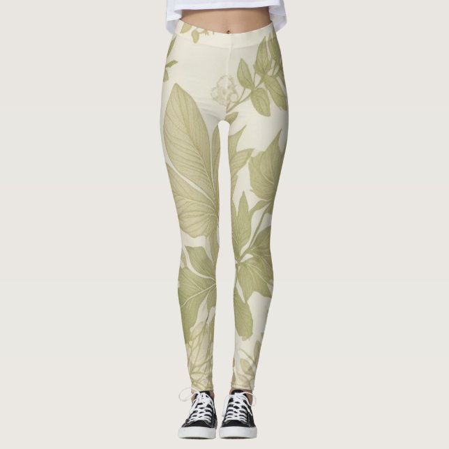 Khaki Grönt Eco-Friendly Botanical Greenery Print Leggings (Framsida)