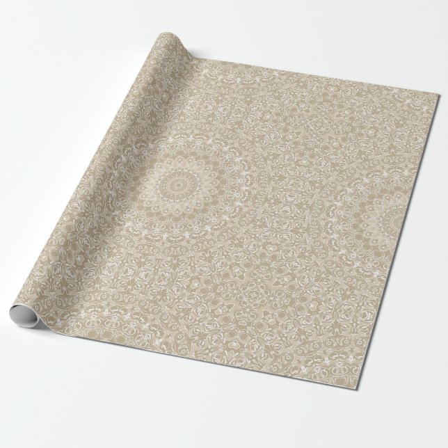 Khaki och vit ornamental mandalamönster presentpapper (Utrullad)