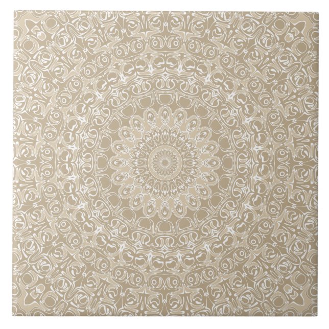 Khaki och White Ornamental Mandala Mönster Kakelplatta (Framsidan)
