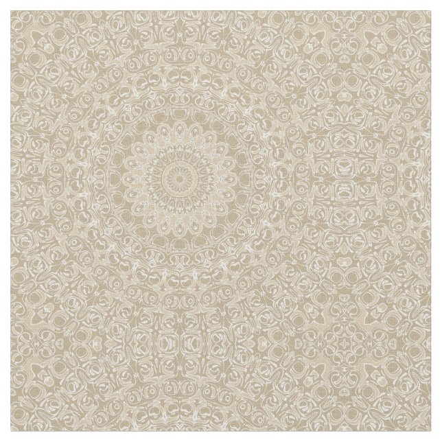 Khaki och White Ornamental Mandala Mönster Tyg (Närbild)