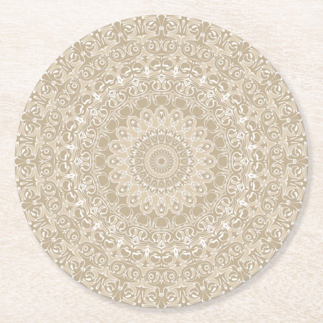 Khaki och White Ornamental Mandala Mönster Underlägg Papper Rund (Framsidan)