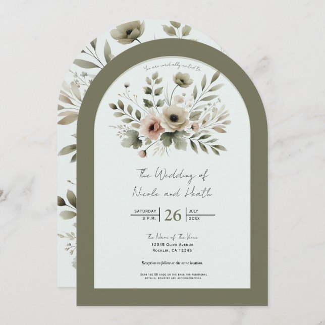 Khaki Oliv grönt Watercolor Blommigt Bröllop Inbjudningar (Fram/baksida)