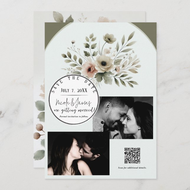 Khaki Oliv grönt Watercolor-Blommigt Spara datum Inbjudningar (Fram/baksida)