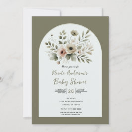 Khaki Olivgrön Akvarell Blommig Baby Shower Inbjudningar