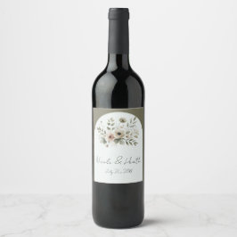 Khaki Olivgrön Akvarell Blommig Bröllop Vinflaska Etikett