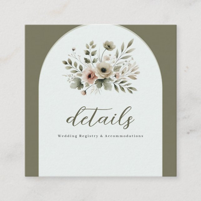 Khaki Olivgrön Akvarell Blommig Bröllopsdetalj Fyrkantigt Visitkort (Framsida)