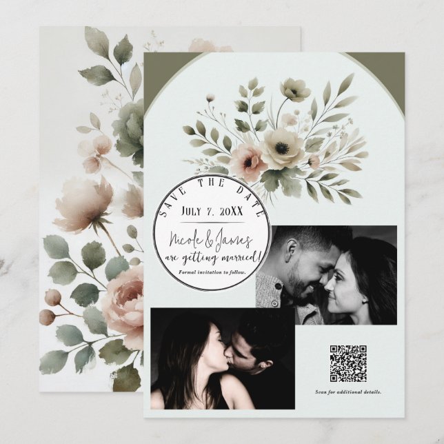 Khaki Olivgrön Akvarell Blommig Rädda Datum Inbjudningar (Fram/baksida)