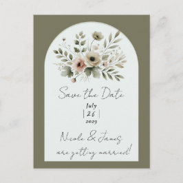 Khaki Olivgrön Akvarell Blommig Save Date Meddelande Vykort