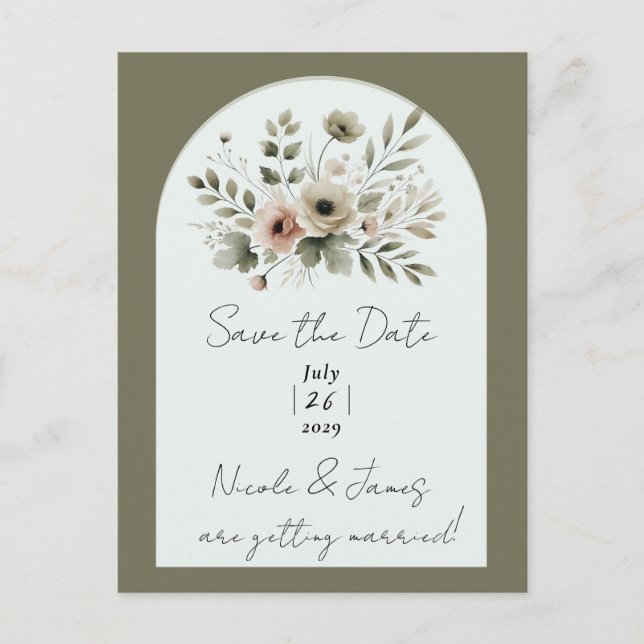 Khaki Olivgrön Akvarell Blommig Save Date Meddelande Vykort (Framsida)
