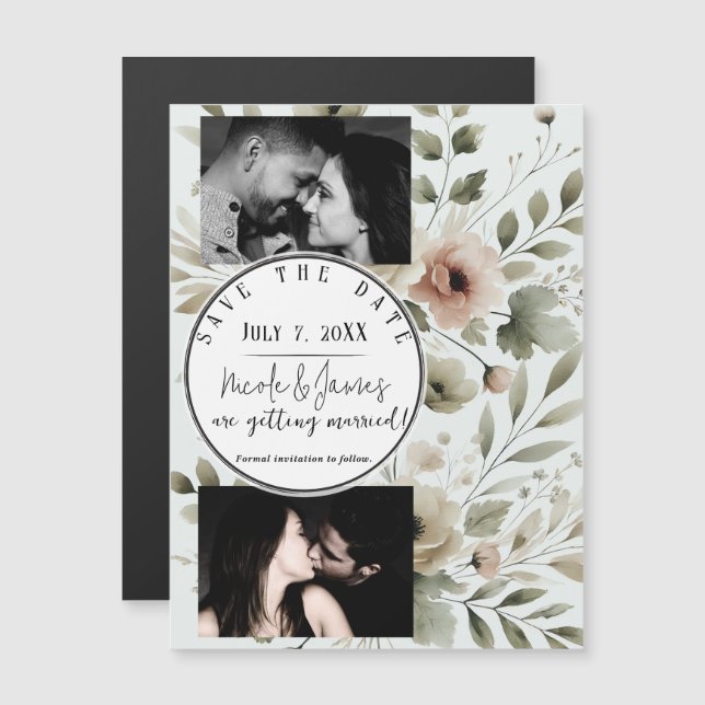 Khaki Olivgrön Akvarell Blommig Spara Datum (Fram/baksida)