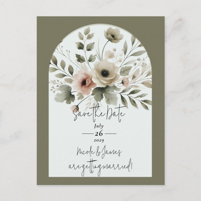Khaki Olivgrön Akvarell Blommig Spara Datum Meddelande Vykort (Framsida)