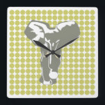 Khaki Safari Dot with Pop Art Elephant Fyrkantig Klocka<br><div class="desc">Mod polka dot mönster i Emporio Moffas "Safari"-palett i färg med PP Art Elephant-design på framsidan och på baksidan.</div>