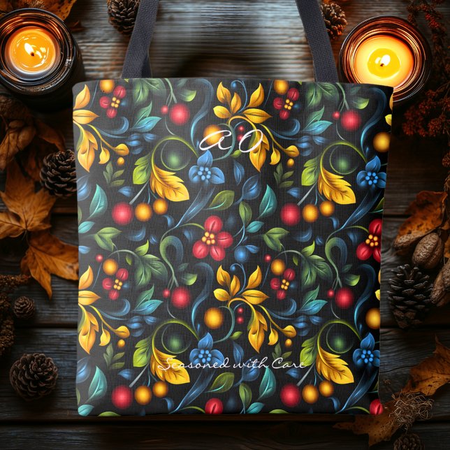 Khokhloma Botanical – Folkliga blad och bär Tygkasse (Skapare uppladdad)
